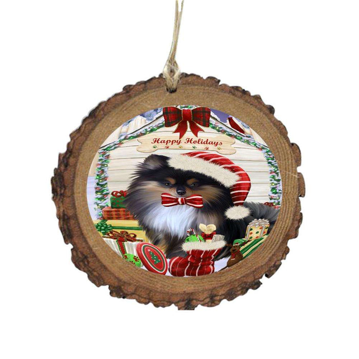 Happy Holidays Christmas Pomeranian House With Presents Wooden Christmas Ornament WOR49921