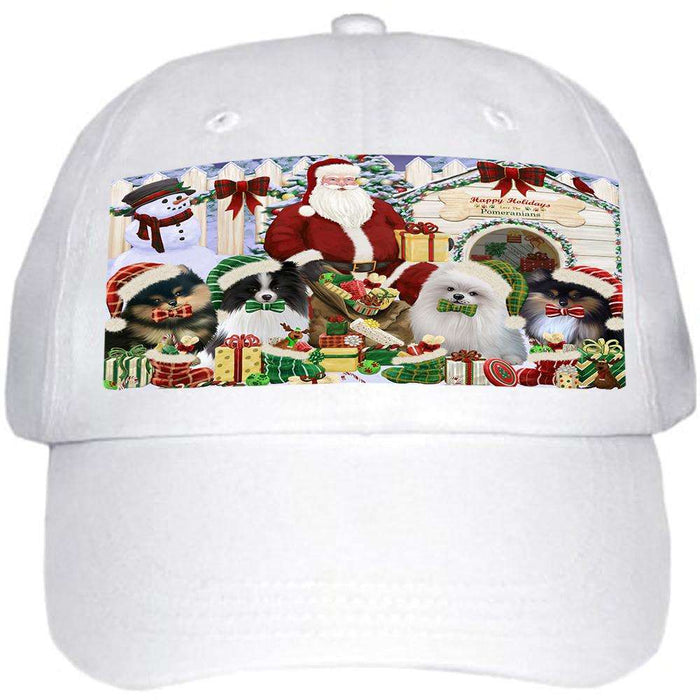 Happy Holidays Christmas Pomeranians Dog House Gathering Ball Hat Cap HAT60159