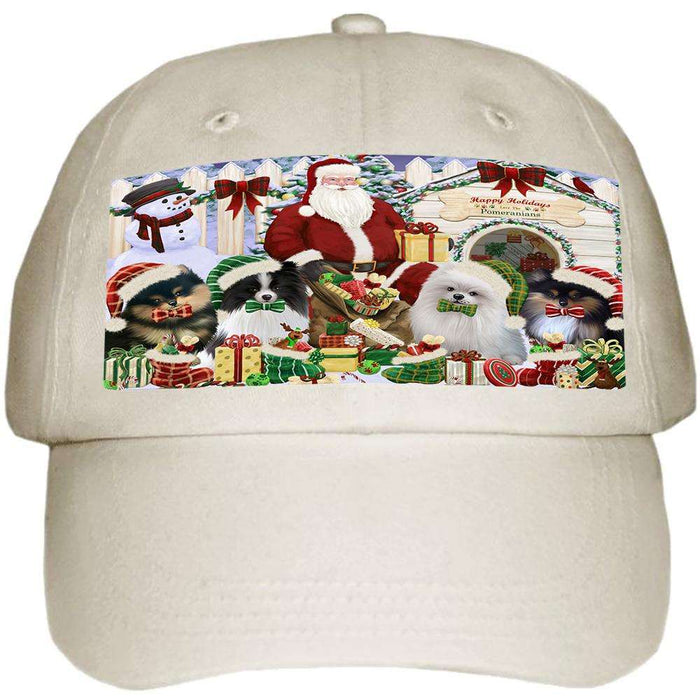 Happy Holidays Christmas Pomeranians Dog House Gathering Ball Hat Cap HAT60159