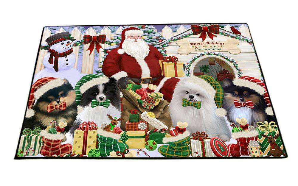 Happy Holidays Christmas Pomeranians Dog House Gathering Floormat FLMS51498