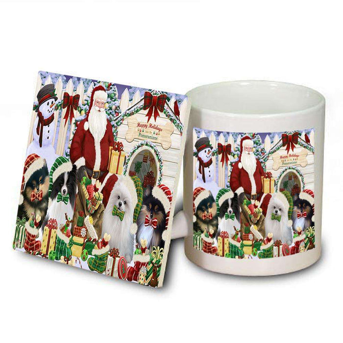Happy Holidays Christmas Pomeranians Dog House Gathering Mug and Coaster Set MUC52082