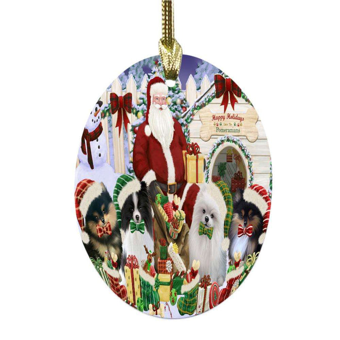 Happy Holidays Christmas Pomeranians Dog House Gathering Oval Glass Christmas Ornament OGOR49716