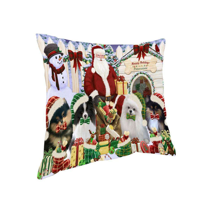 Happy Holidays Christmas Pomeranians Dog House Gathering Pillow PIL64724