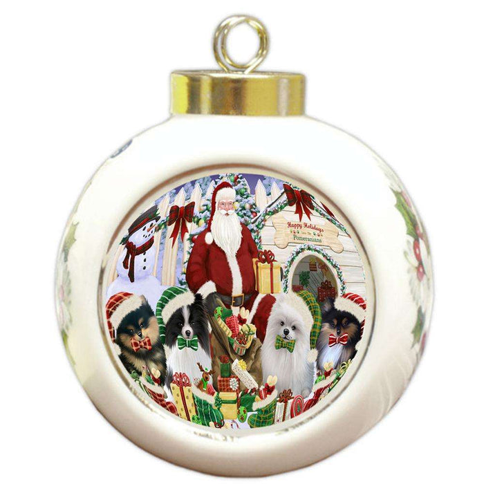 Happy Holidays Christmas Pomeranians Dog House Gathering Round Ball Christmas Ornament RBPOR52090