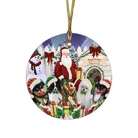 Happy Holidays Christmas Pomeranians Dog House Gathering Round Flat Christmas Ornament RFPOR52081