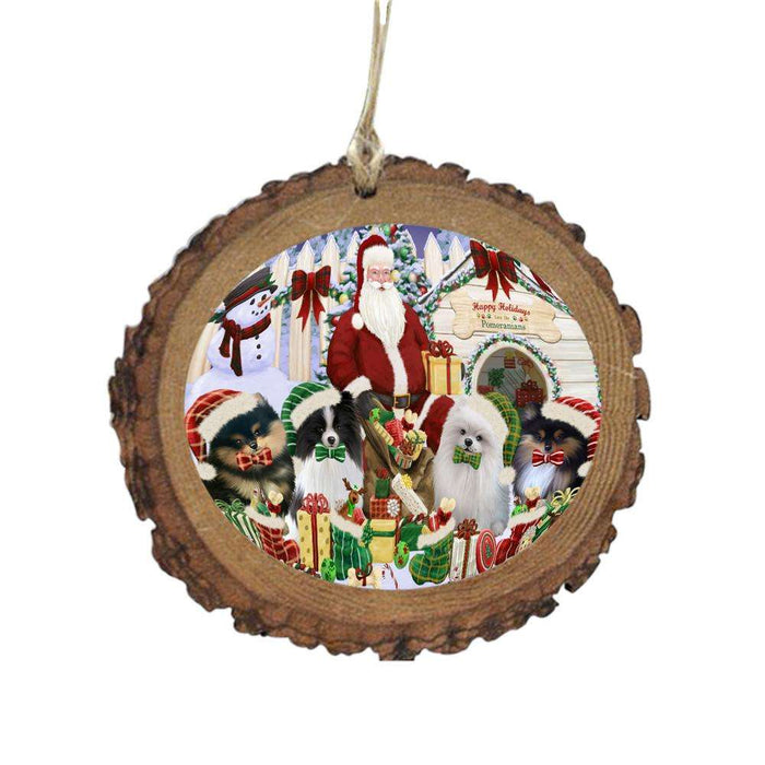 Happy Holidays Christmas Pomeranians Dog House Gathering Wooden Christmas Ornament WOR49716