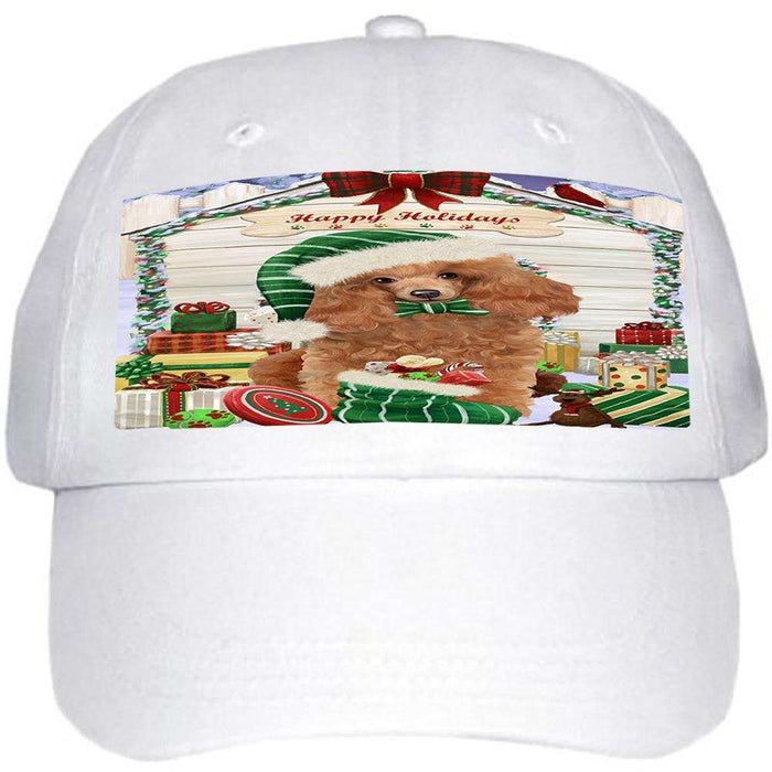 Happy Holidays Christmas Poodle Dog House With Presents Ball Hat Cap HAT60264