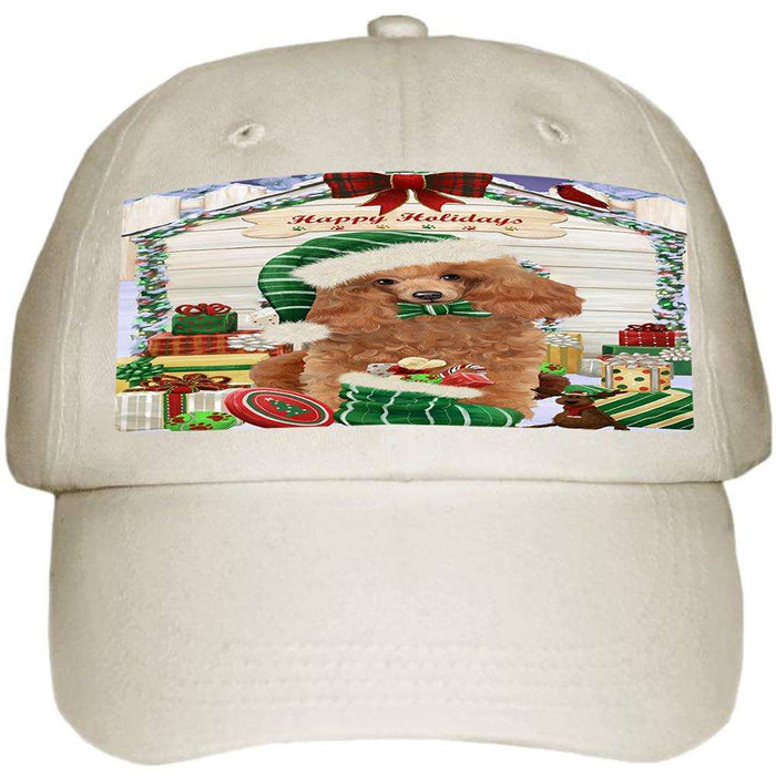 Happy Holidays Christmas Poodle Dog House With Presents Ball Hat Cap HAT60264