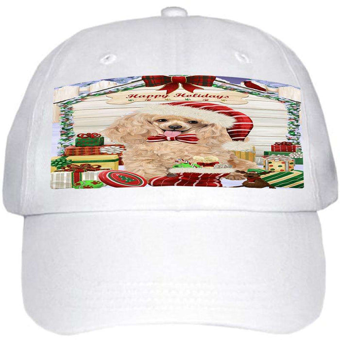 Happy Holidays Christmas Poodle Dog House With Presents Ball Hat Cap HAT60270