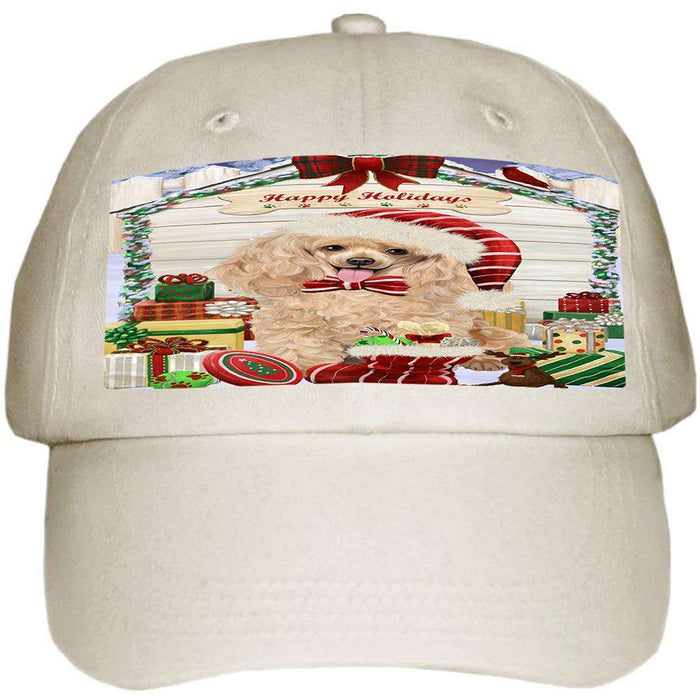 Happy Holidays Christmas Poodle Dog House With Presents Ball Hat Cap HAT60270