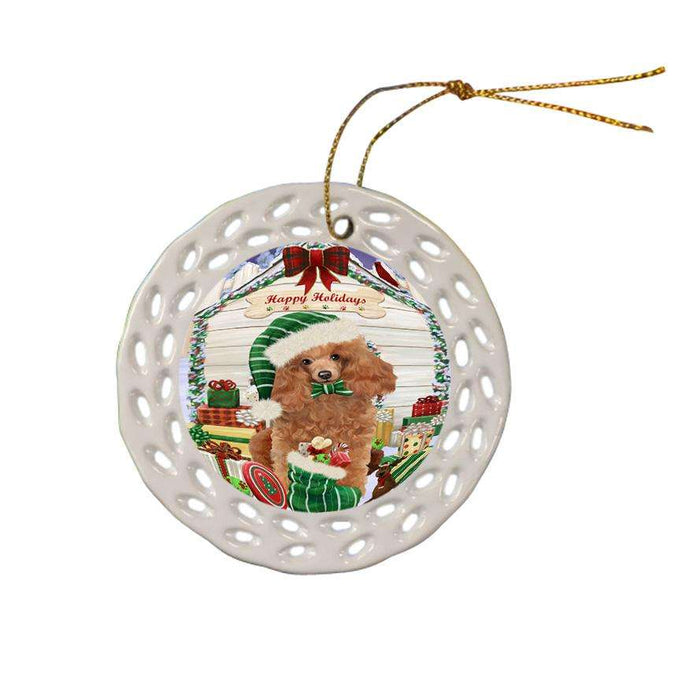 Happy Holidays Christmas Poodle Dog House With Presents Ceramic Doily Ornament DPOR52125