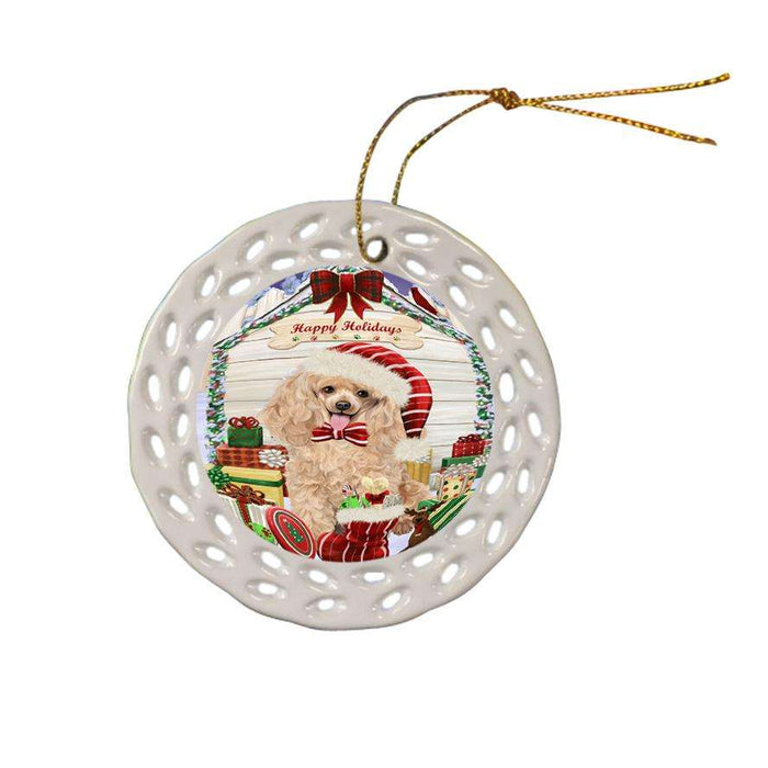 Happy Holidays Christmas Poodle Dog House With Presents Ceramic Doily Ornament DPOR52127