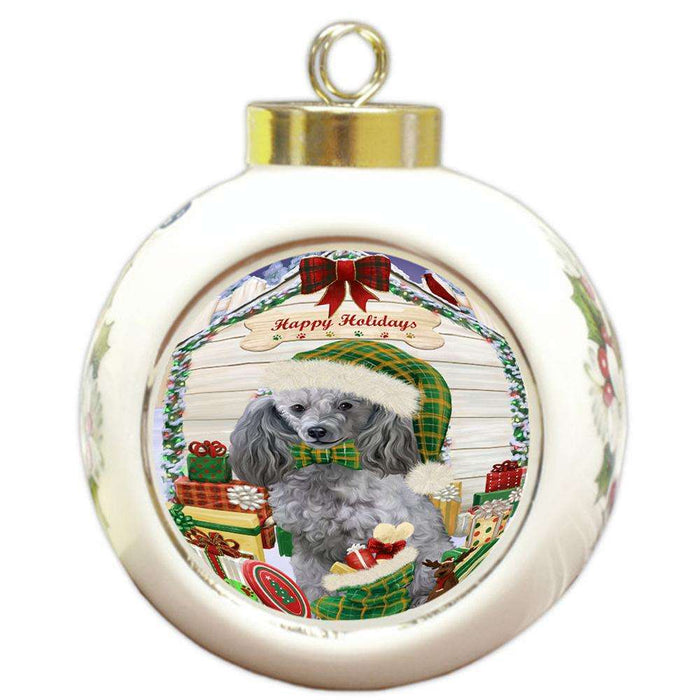 Happy Holidays Christmas Poodle Dog House With Presents Round Ball Christmas Ornament RBPOR52124