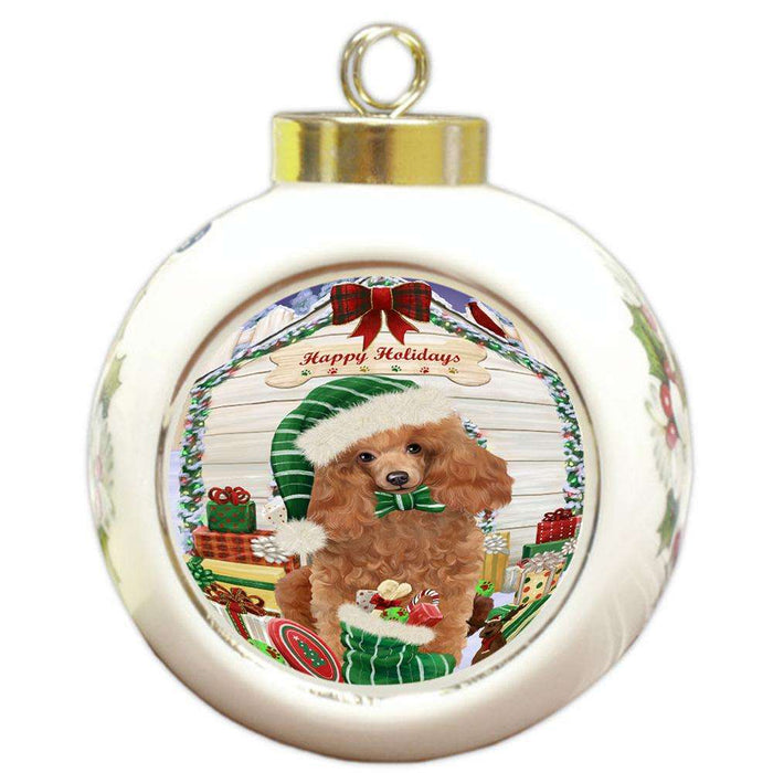 Happy Holidays Christmas Poodle Dog House With Presents Round Ball Christmas Ornament RBPOR52125