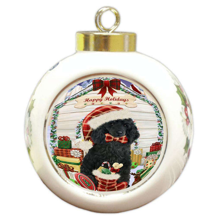 Happy Holidays Christmas Poodle Dog House With Presents Round Ball Christmas Ornament RBPOR52126