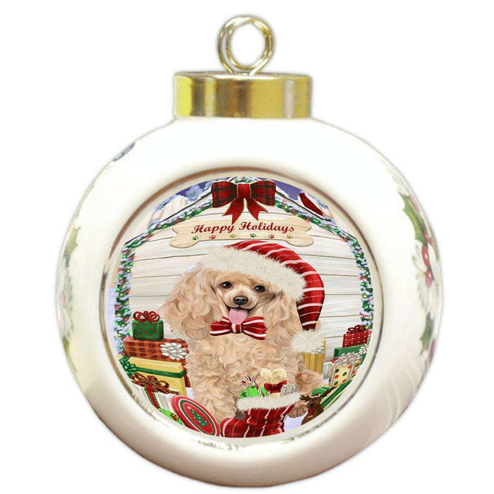 Happy Holidays Christmas Poodle Dog House With Presents Round Ball Christmas Ornament RBPOR52127