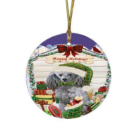 Happy Holidays Christmas Poodle Dog House With Presents Round Flat Christmas Ornament RFPOR52115