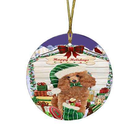 Happy Holidays Christmas Poodle Dog House With Presents Round Flat Christmas Ornament RFPOR52116
