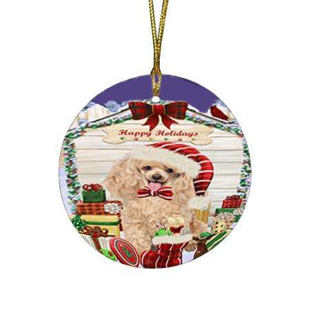 Happy Holidays Christmas Poodle Dog House With Presents Round Flat Christmas Ornament RFPOR52118