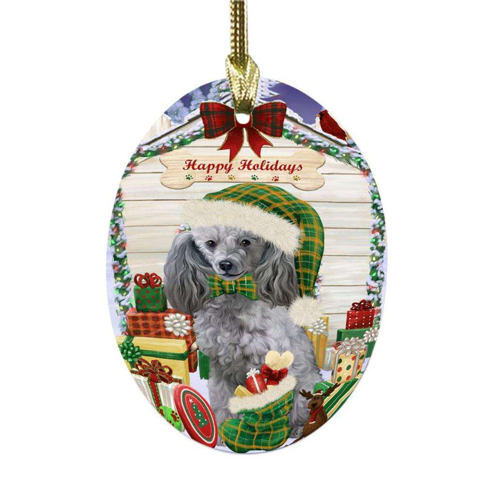 Happy Holidays Christmas Poodle House With Presents Oval Glass Christmas Ornament OGOR49922