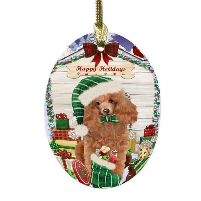 Happy Holidays Christmas Poodle House With Presents Oval Glass Christmas Ornament OGOR49923