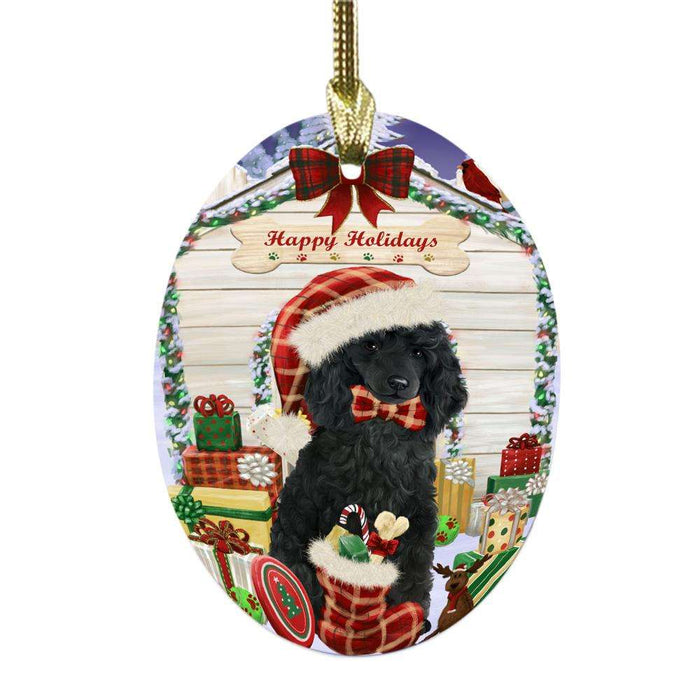 Happy Holidays Christmas Poodle House With Presents Oval Glass Christmas Ornament OGOR49924