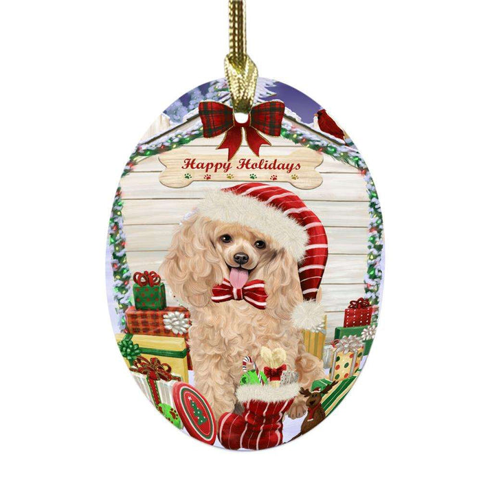 Happy Holidays Christmas Poodle House With Presents Oval Glass Christmas Ornament OGOR49925