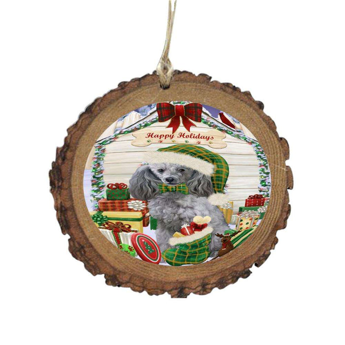 Happy Holidays Christmas Poodle House With Presents Wooden Christmas Ornament WOR49922