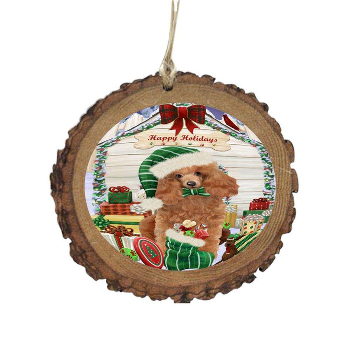 Happy Holidays Christmas Poodle House With Presents Wooden Christmas Ornament WOR49923