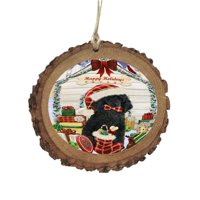 Happy Holidays Christmas Poodle House With Presents Wooden Christmas Ornament WOR49924