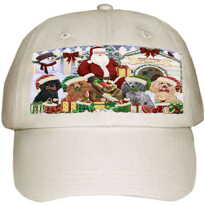 Happy Holidays Christmas Poodles Dog House Gathering Ball Hat Cap HAT60162