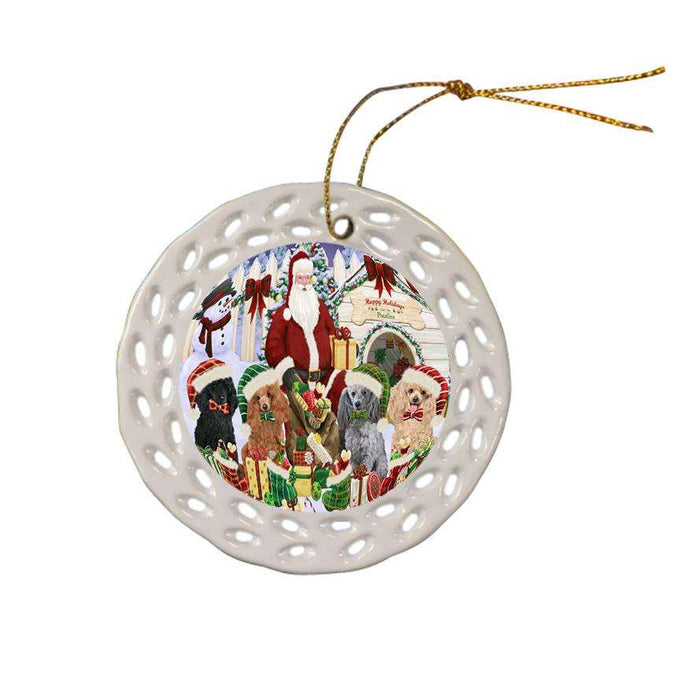 Happy Holidays Christmas Poodles Dog House Gathering Ceramic Doily Ornament DPOR52091