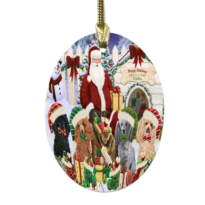 Happy Holidays Christmas Poodles Dog House Gathering Oval Glass Christmas Ornament OGOR49717