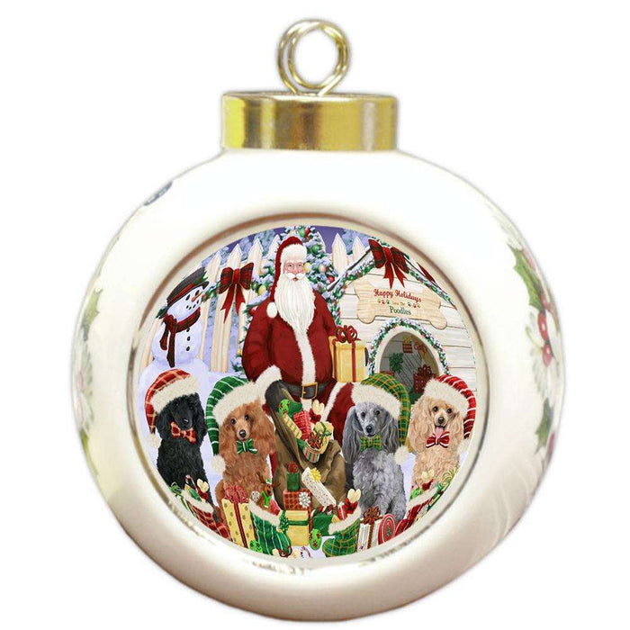 Happy Holidays Christmas Poodles Dog House Gathering Round Ball Christmas Ornament RBPOR52091