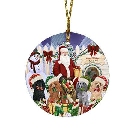 Happy Holidays Christmas Poodles Dog House Gathering Round Flat Christmas Ornament RFPOR52082