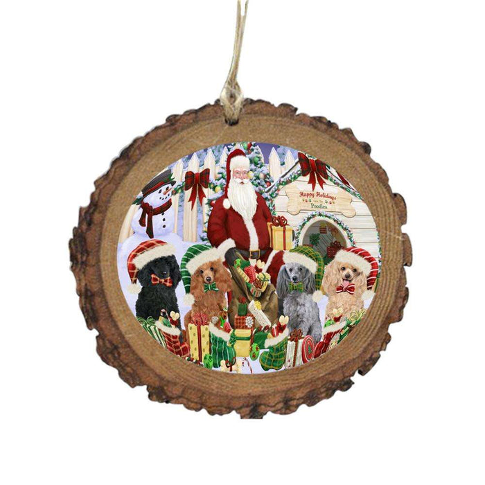 Happy Holidays Christmas Poodles Dog House Gathering Wooden Christmas Ornament WOR49717