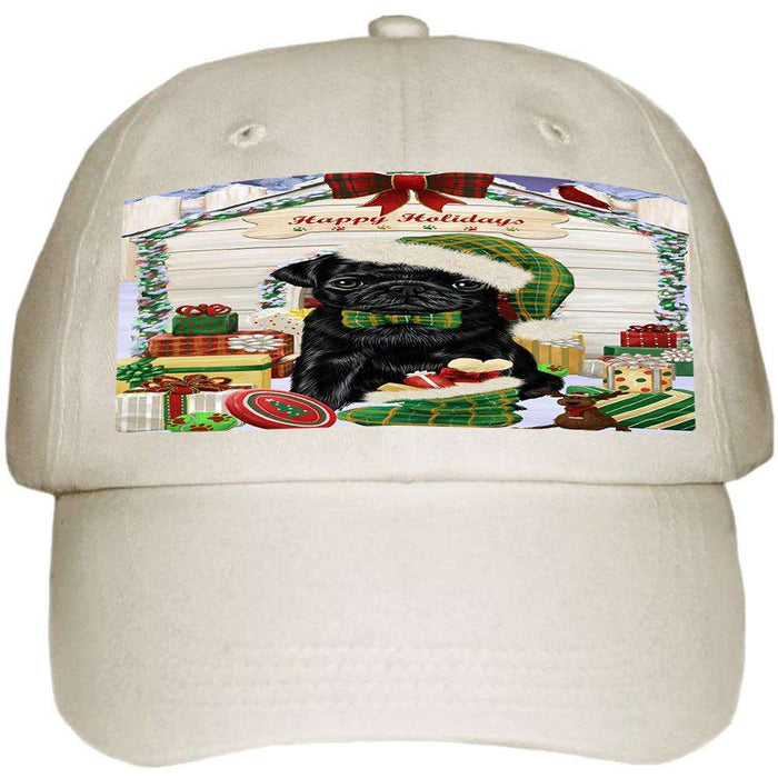Happy Holidays Christmas Pug Dog House With Presents Ball Hat Cap HAT58173