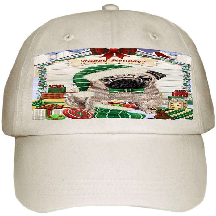 Happy Holidays Christmas Pug Dog House With Presents Ball Hat Cap HAT58176