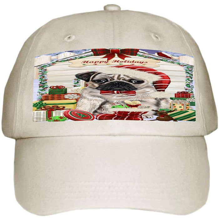 Happy Holidays Christmas Pug Dog House With Presents Ball Hat Cap HAT58182
