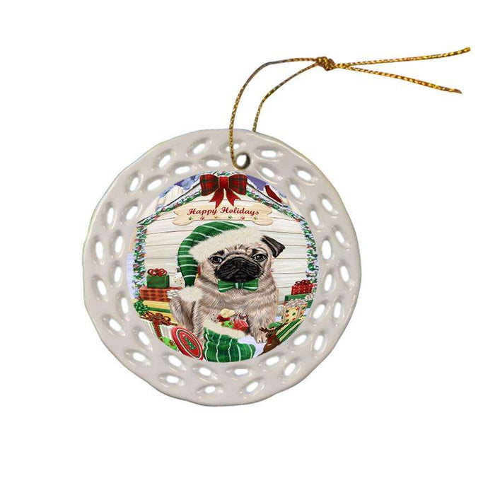 Happy Holidays Christmas Pug Dog House With Presents Ceramic Doily Ornament DPOR51481