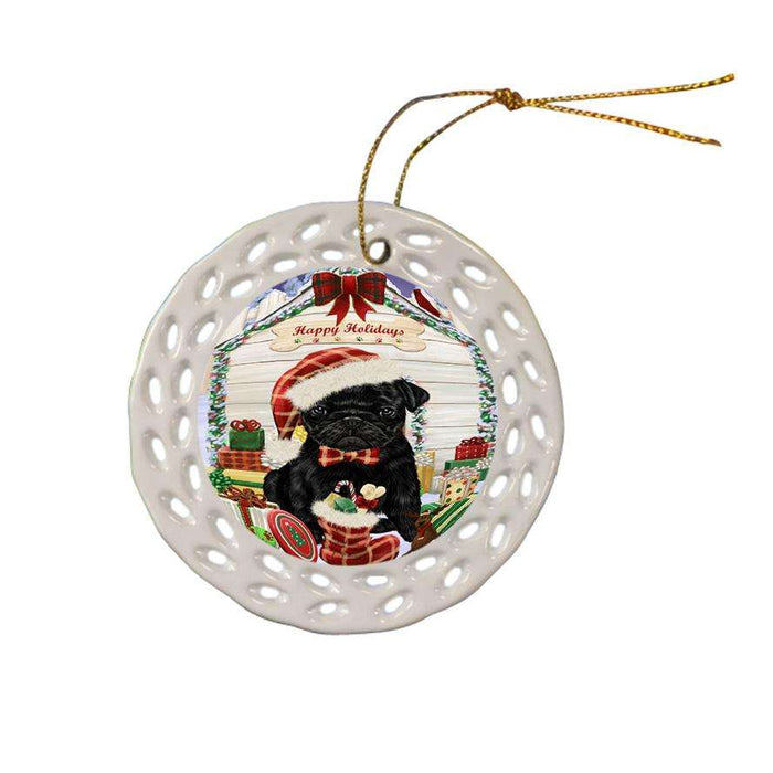 Happy Holidays Christmas Pug Dog House With Presents Ceramic Doily Ornament DPOR51482