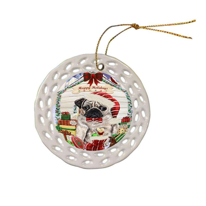 Happy Holidays Christmas Pug Dog House With Presents Ceramic Doily Ornament DPOR51483