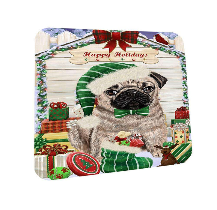 Happy Holidays Christmas Pug Dog House With Presents Coasters Set of 4 CST51440