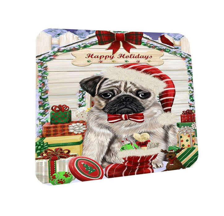 Happy Holidays Christmas Pug Dog House With Presents Coasters Set of 4 CST51442