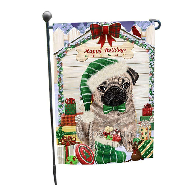 Happy Holidays Christmas Pug Dog House With Presents Garden Flag GFLG51478