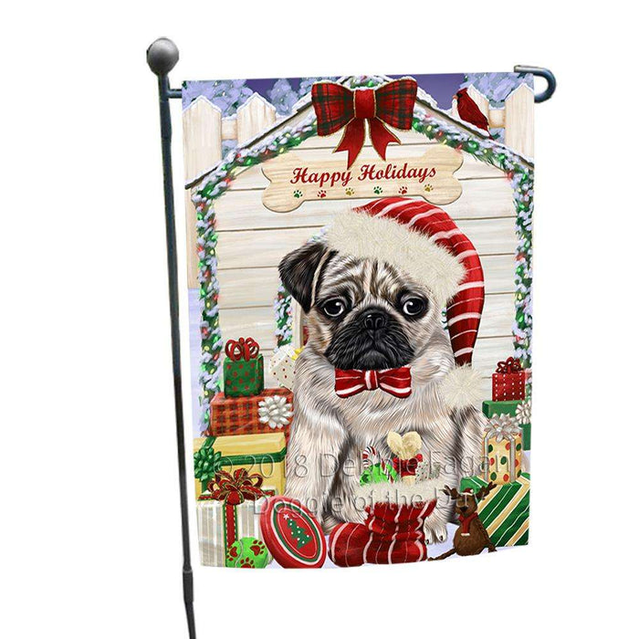 Happy Holidays Christmas Pug Dog House With Presents Garden Flag GFLG51480