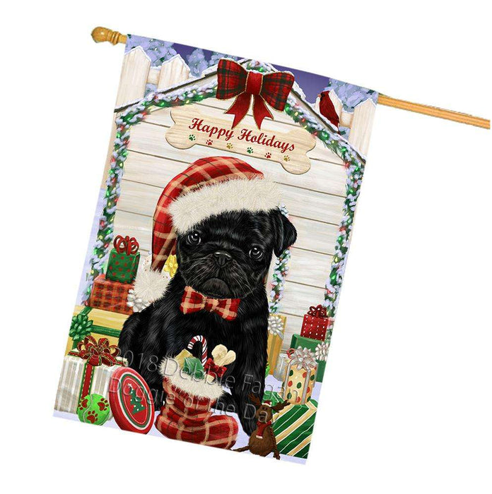Happy Holidays Christmas Pug Dog House With Presents House Flag FLG51615