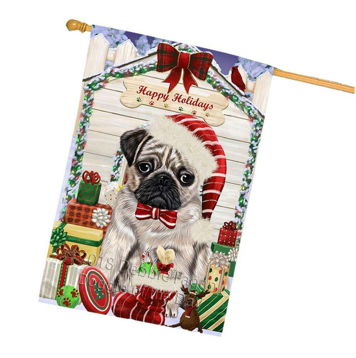 Happy Holidays Christmas Pug Dog House With Presents House Flag FLG51616