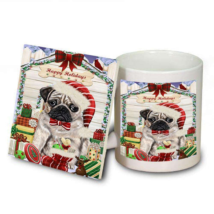 Happy Holidays Christmas Pug Dog House With Presents Mug and Coaster Set MUC51475