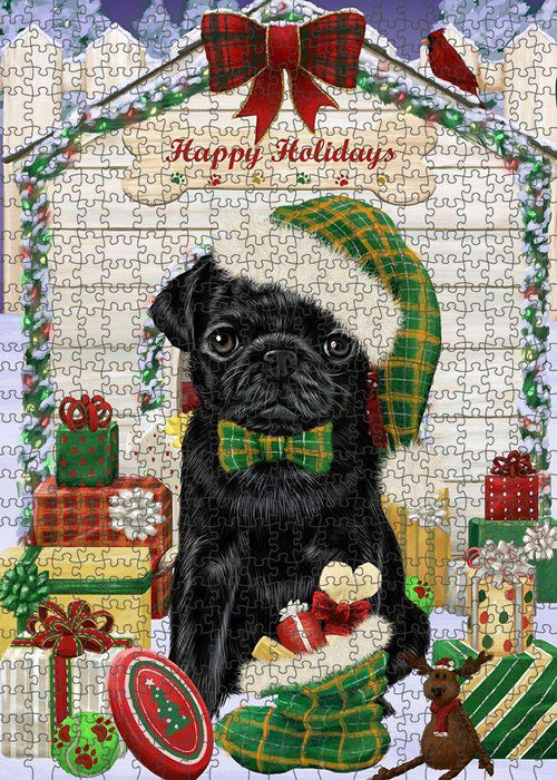 Happy Holidays Christmas Pug Dog House With Presents Puzzle with Photo Tin PUZL58527